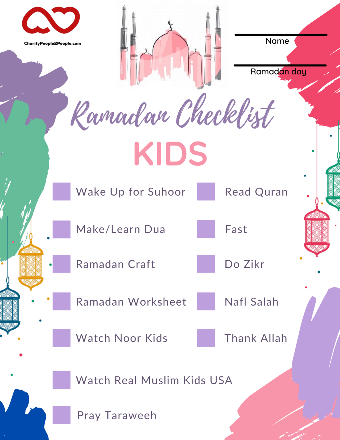 Ramadan Checklist for Kids Islamic Charity People 2 People (786) 6776722